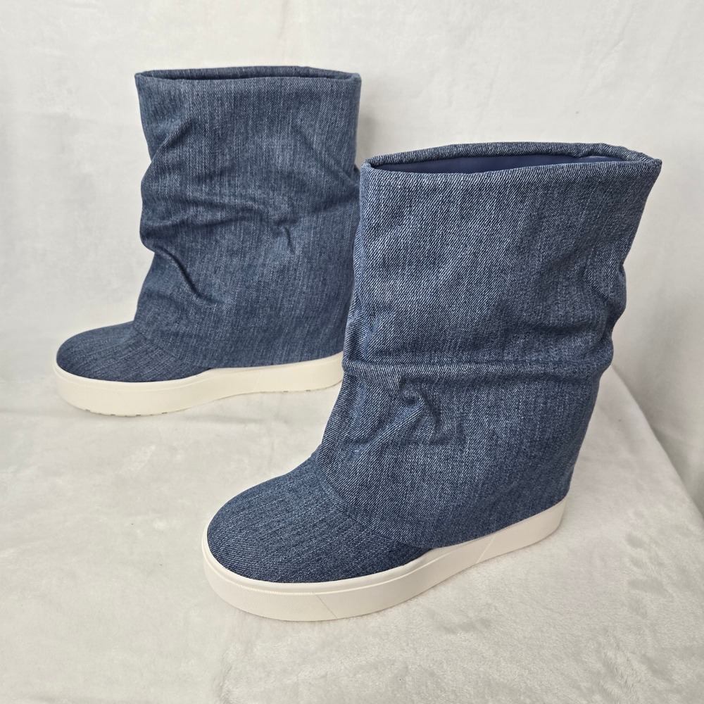 Guess Guinna Blue Denim Slouchy Hidden Wedge Boots GWGUINNA3 Womens 9.5M
